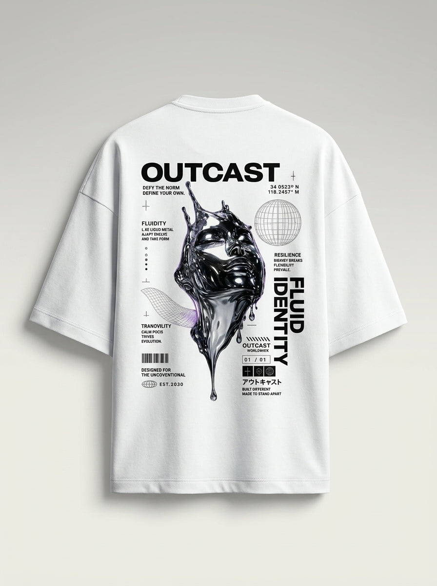 Outcast Fluid Identity Oversized Tee – back view | OutCastClub chrome graphic t shirt India