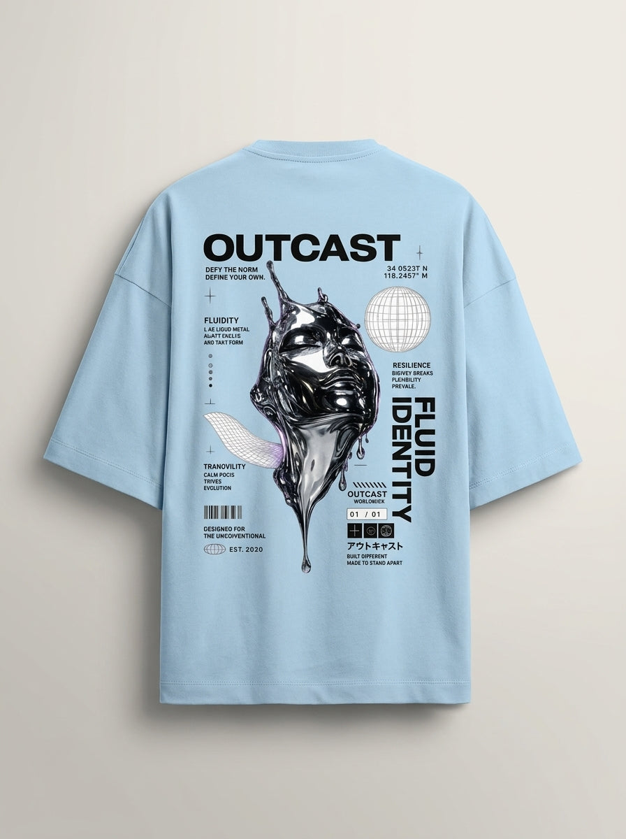 Outcast Fluid Identity Oversized Tee – back view | OutCastClub chrome graphic t shirt India