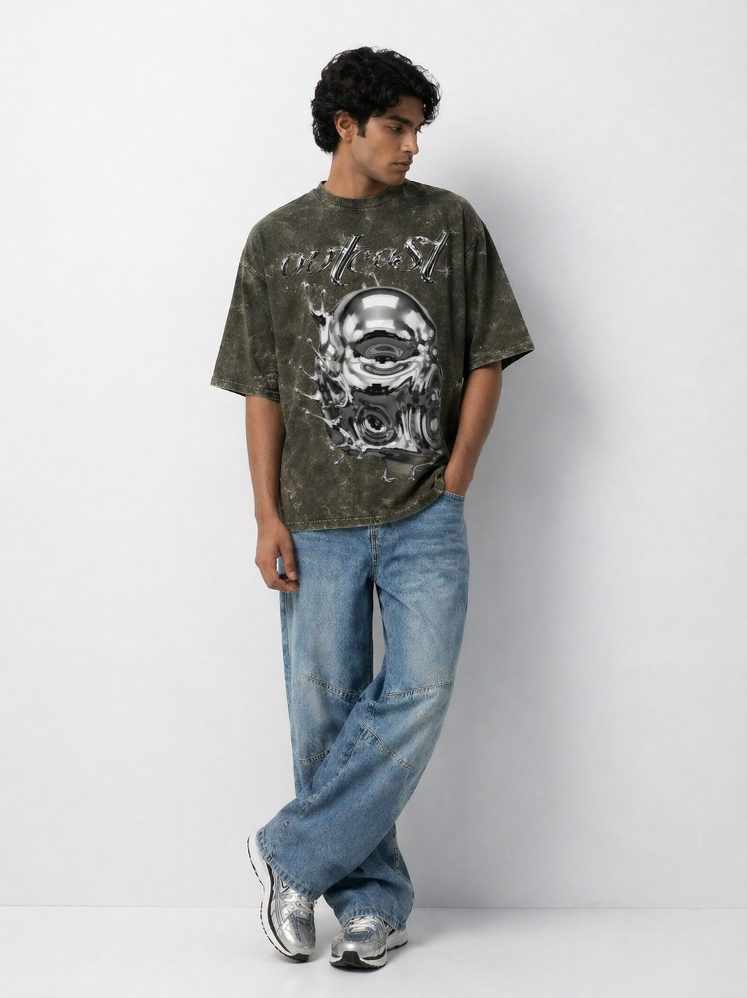 Outcast Acid Wash Skull Oversized Tee