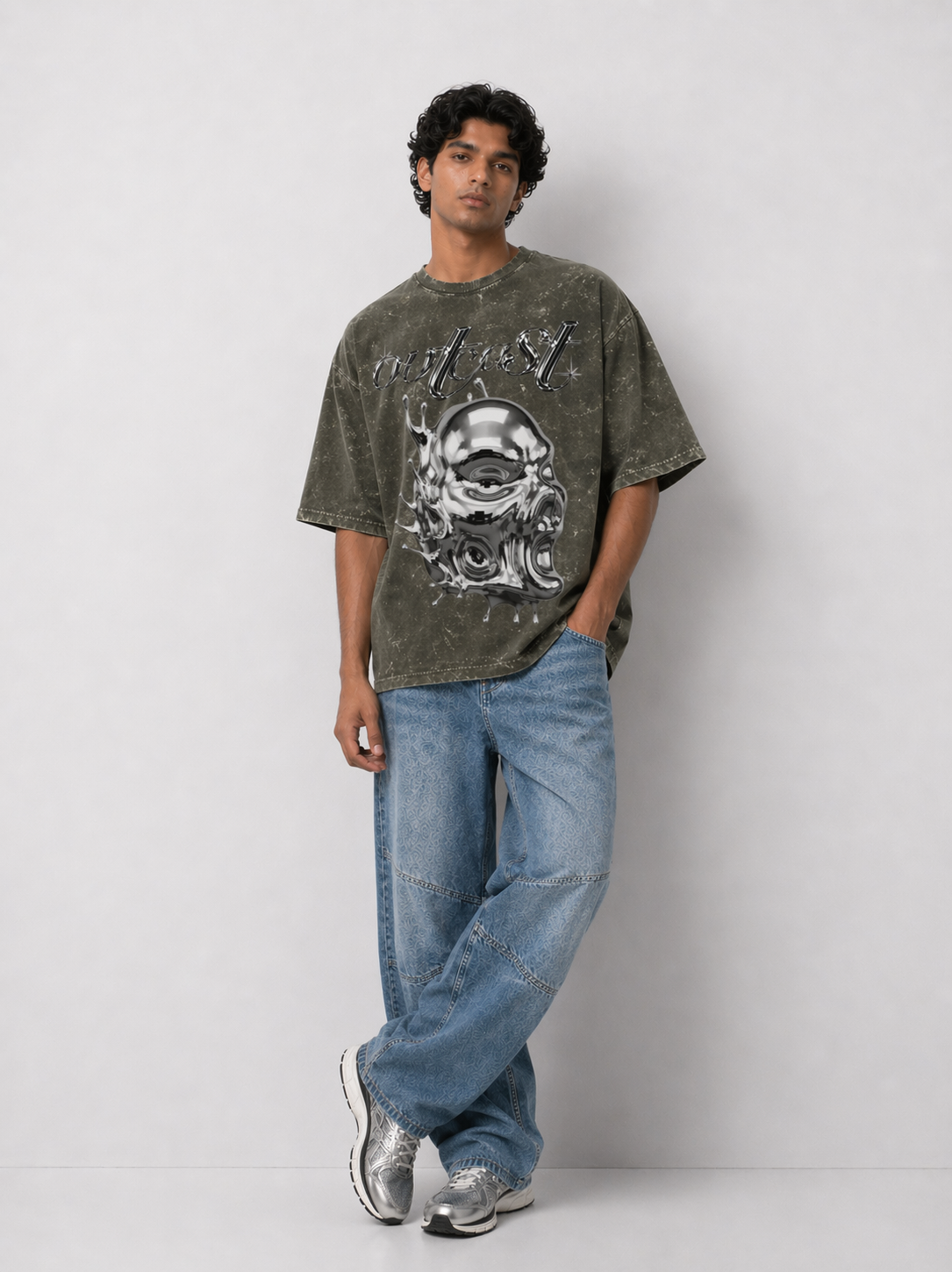 Outcast Acid Wash Skull Oversized Tee – alternate view | OutCastClub acid wash t shirt India