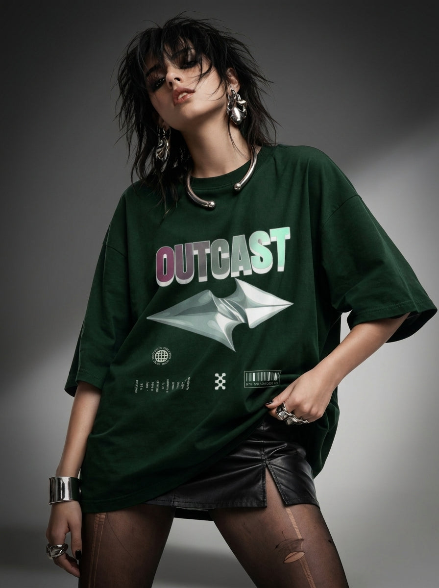 Outcast "Chrome" Oversized Tee – main product shot | OutCastClub chrome graphic tee India