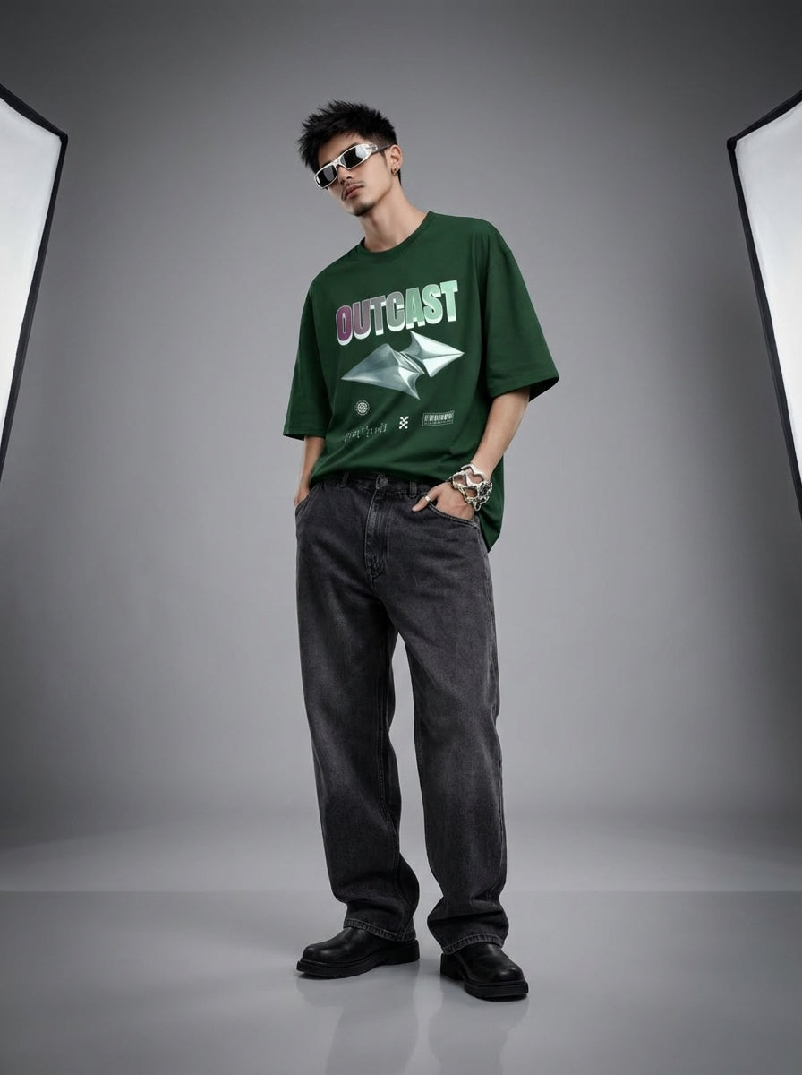 Outcast "Chrome" Oversized Tee – alternate view | OutCastClub chrome graphic tee India