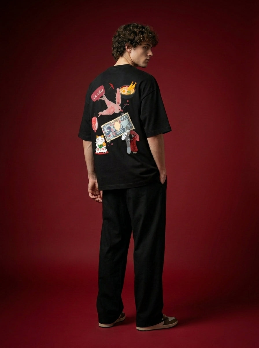 Outcast "Tokyo" Oversized Tee – model in black | OutCastClub collage graphic tee India