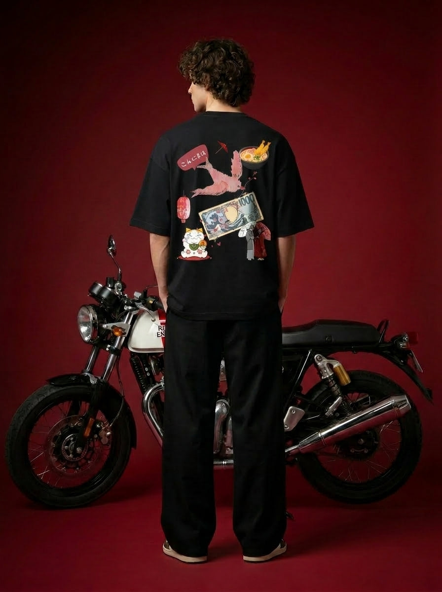 Outcast "Tokyo" Oversized Tee – model in black | OutCastClub collage graphic tee India
