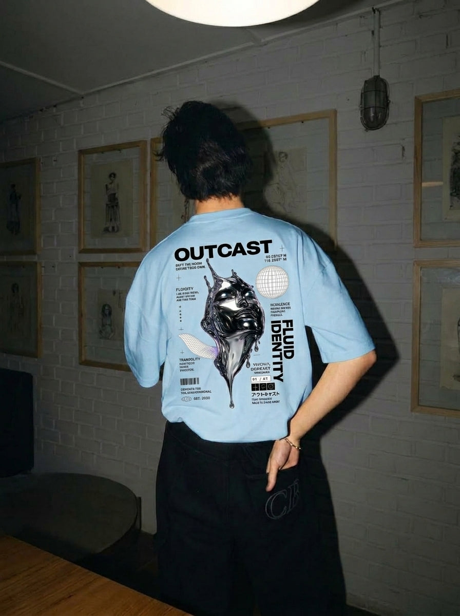 Outcast Fluid Identity Oversized Tee – model shot | OutCastClub chrome graphic t shirt India