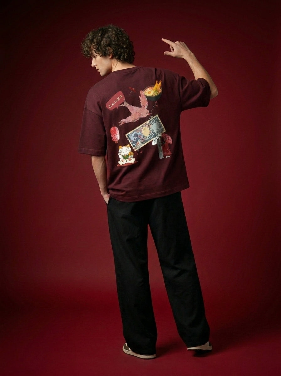 Outcast "Tokyo" Oversized Tee – model in maroon | OutCastClub collage graphic tee India
