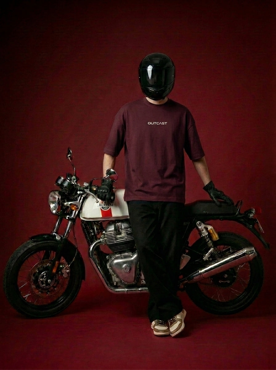 Outcast "Tokyo" Oversized Tee – model in maroon | OutCastClub collage graphic tee India