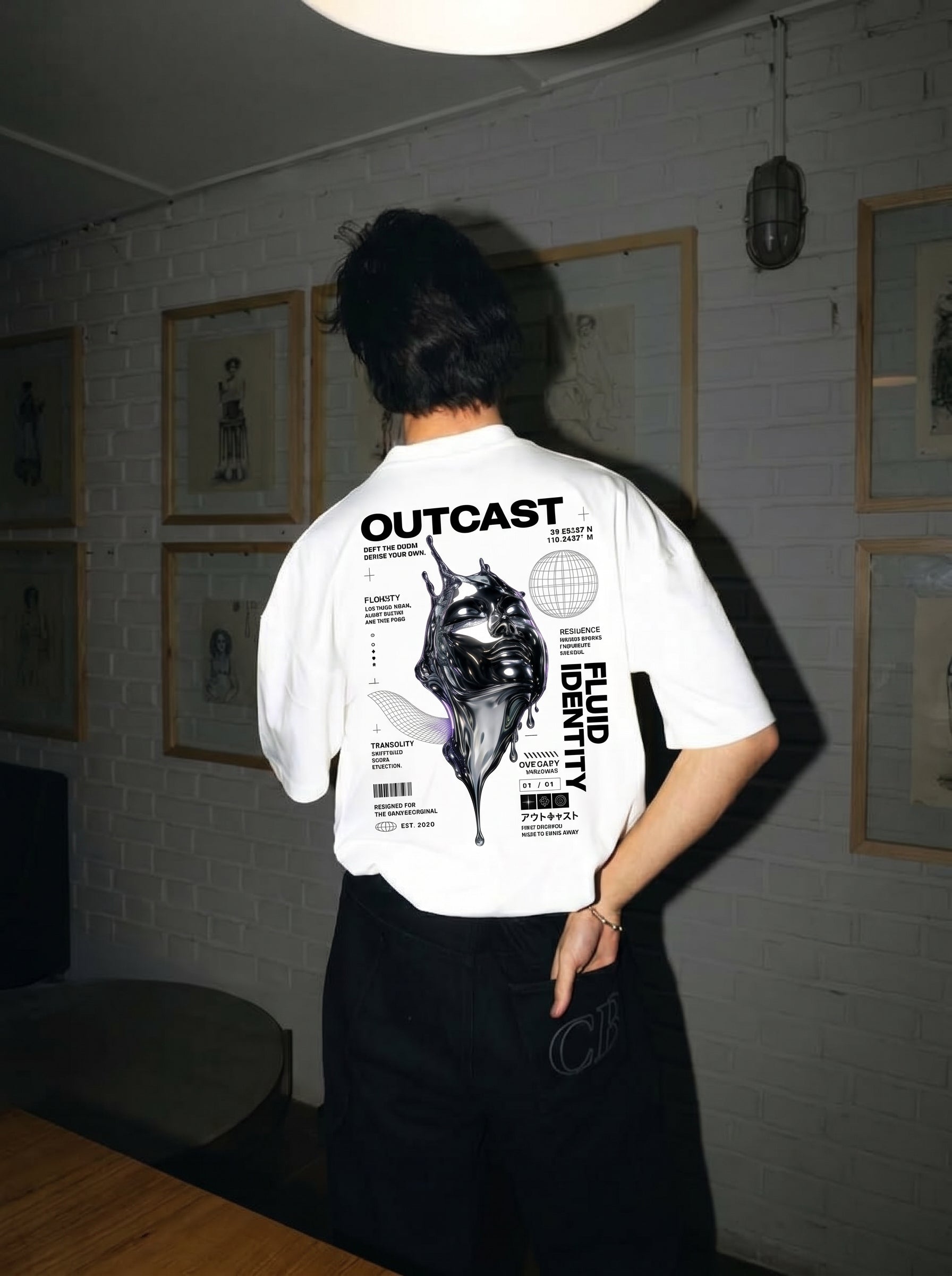 Outcast Fluid Identity Oversized Tee – main product shot | OutCastClub chrome graphic t shirt India